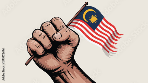 Patriotic illustration shows a hand firmly holding the Malaysian flag with vibrant colors and symbolic design that captures national pride.