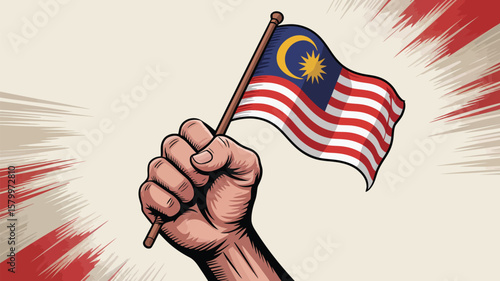A patriotic illustration shows a hand holding the Malaysian flag, representing unity, freedom, and national pride with its vibrant colors.