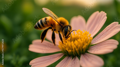 Wallpaper Mural Honeybee Gathering Nectar from a Blooming Flower in a Garden, showcasing detail and pollination. Torontodigital.ca