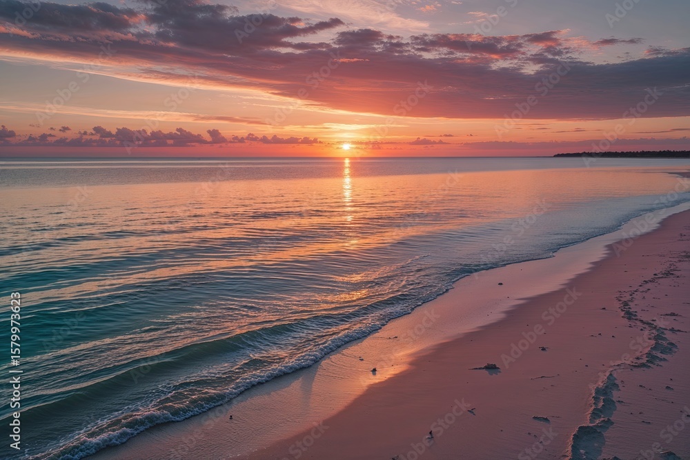 Fototapeta premium Captivating Vista of Sunset Over Tranquil Waters and Sandy Shore