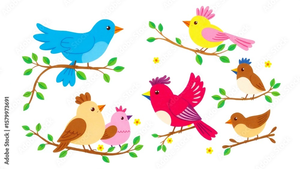 Fototapeta premium Cute cartoon birds perched on branches with leaves and flowers