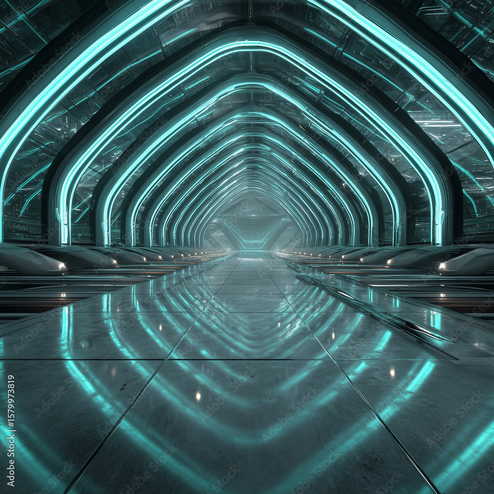 Fototapeta premium Futuristic glowing tunnel with arched design and blue neon lights