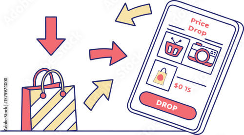 Online shopping app on a phone with a discount offer and a shopping bag next to the phone screen view