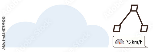 Blue cloud with a wind meter showing 75 kmh and a simple kite figure represents wind speed, weather analysis, energy, environment, flight, air movement, simple flat metaphor