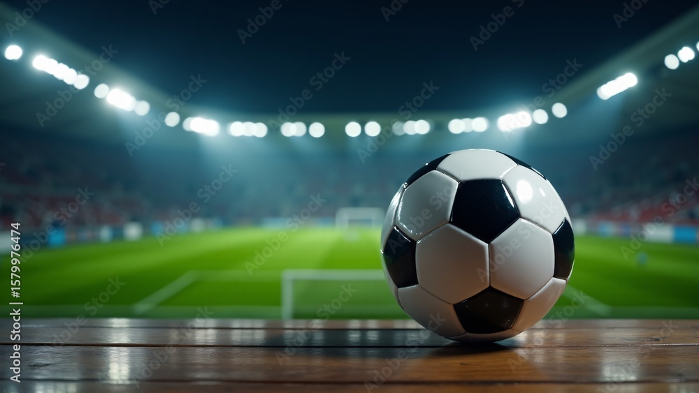 Naklejka premium Classic Soccer Ball in Illuminated Stadium
