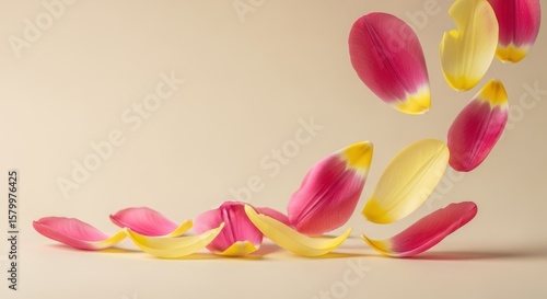 Pink and yellow tulip petals are falling gracefully in the air