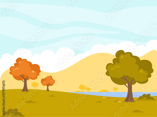 Autumn view with tree, mountain, cloud, and lake illustration. Seasonal illustratio. Fall season. Can be used for wallpaper and decoration