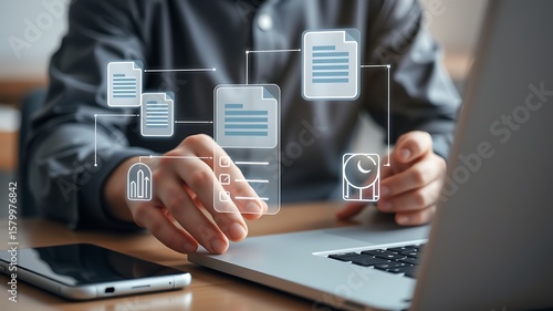 Wallpaper Mural Person interacting with digital documents and data hands laptop Torontodigital.ca