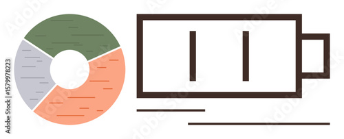 Battery graphic with partial charge beside multicolor circular chart. Ideal for energy management, sustainable practices, productivity, environmental impact, analysis, resource allocation, simple