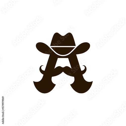 Cowboy letter A with mustache and hat illustration, Creative letter A design featuring a cowboy hat and mustache, perfect for western-themed branding, playful education, or unique logo concepts.

