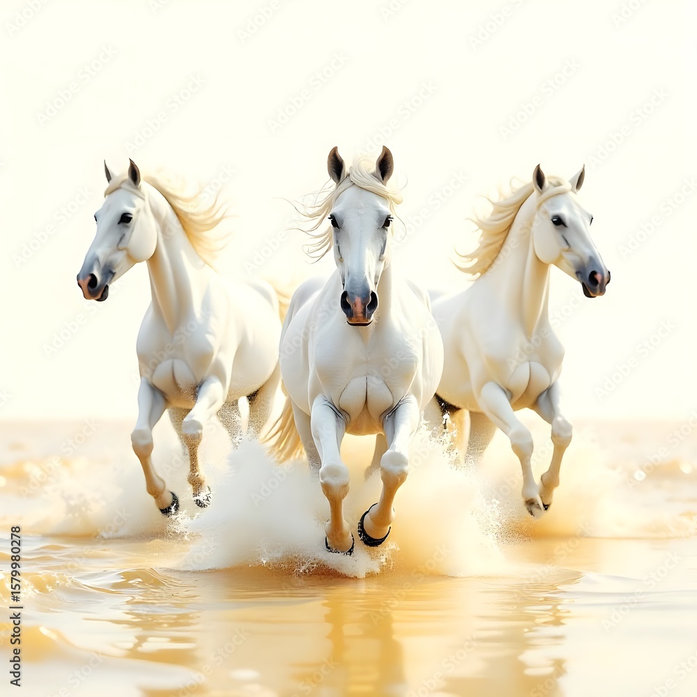 Obraz premium White horses running through wet golden beach high resolution picture