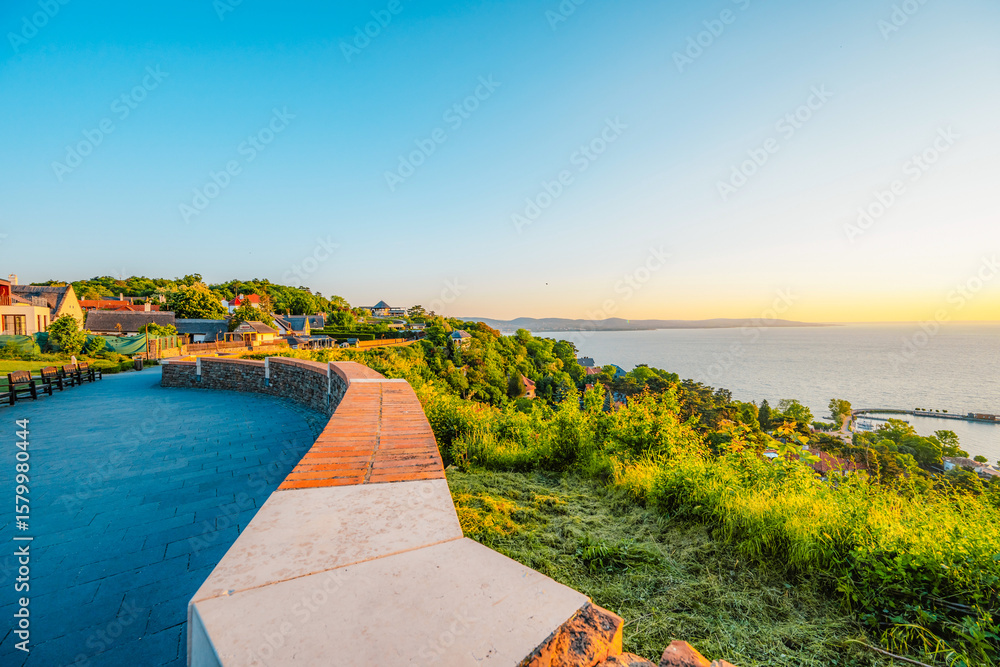 Fototapeta premium Tihany in Hungary. Benedictine Monastery of Tihany Abbey with Lake Balaton.