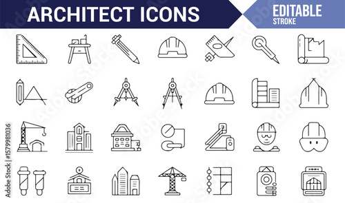Icon set of architecture tools and construction equipment for design, engineering, and professional use.