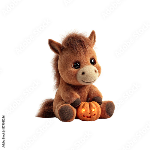 Adorable Brown Pony Plush Toy Holding a Lighted Jack-o'-Lantern Pumpkin for Halloween