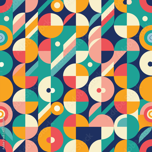 Trendy vector abstract geometric background with circles in Scandinavian retro style, seamless cover. Graphic pattern of simple shapes in gray tones, abstract white mosaic.