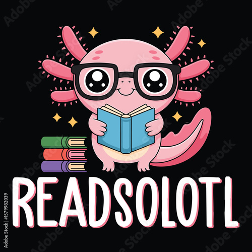 Reads a book Cute axolotl reading with glasses 