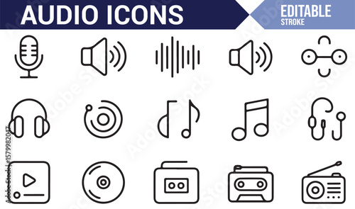 Audio and music icons set, featuring headphones, speakers, and sound waves for digital media.