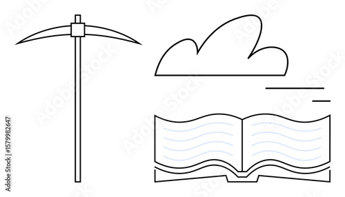 Minimalist pickaxe and open book paired with a cloud image. Ideal for knowledge, cloud computing, mining, digital transformation, industry, education, research, simple landing page