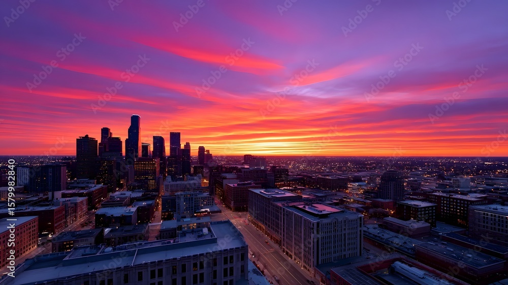 Fototapeta premium Vibrant city skyline at sunset