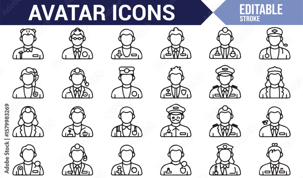 Fototapeta premium Set of avatar icons depicting professionals in various fields such as doctors, pilots, and officers.