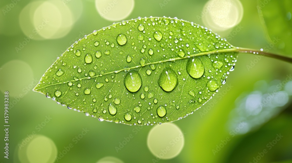 Fototapeta premium Vibrant green leaf with dewdrops, symbolizing nature's resilience and beauty on World Environment Day.