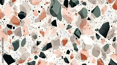 Abstract terrazzo pattern with peach, grey, and green stone chips on a white background.