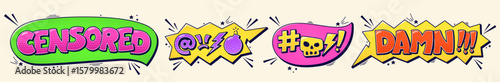 Set of color swear speech bubbles with words censored, damn and tiny details around.