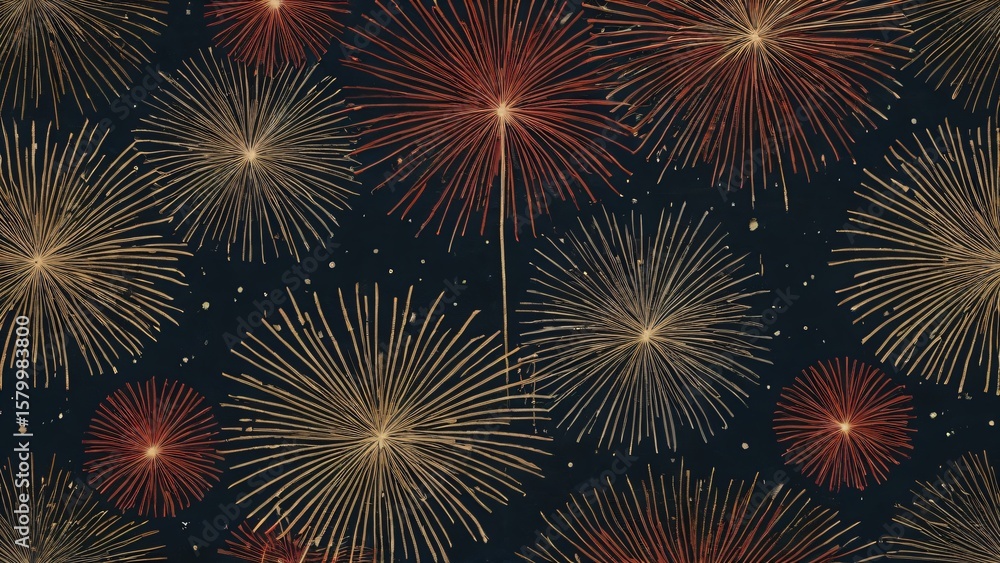 Naklejka premium A vibrant display of golden and red fireworks illuminates the night sky, creating a festive and celebratory background