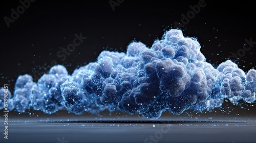 Abstract rendering of a luminous, textured cloud formation with scattered particles, set against dark background.