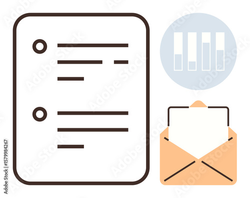 Task document with bullet points, open envelope holding paper, bar chart in background. Ideal for productivity, organization, project management, communication, analytics, sending reports planning