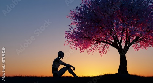 Silhouette of a humanoid robot sitting peacefully under a digital tree

