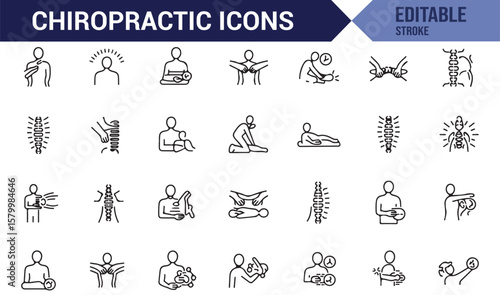 Set of chiropractic care symbols for spinal therapy, posture correction, and back health.