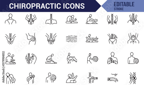 Various chiropractic therapy icons representing back treatment, spine alignment, and wellness.