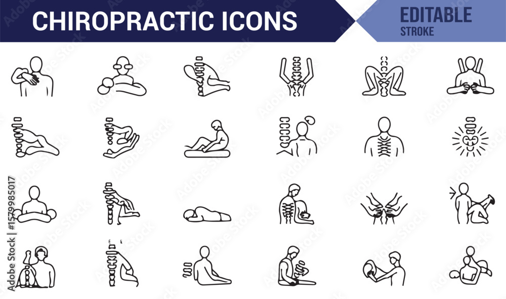 Icon set featuring chiropractic care techniques, including spinal adjustments and body therapy. Icon set featuring chiropractic care techniques, including spinal adjustments and body therapy.