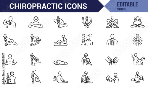 Icon set featuring chiropractic care techniques, including spinal adjustments and body therapy.