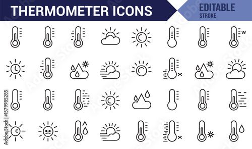 Thermometer icon collection, depicting different weather conditions like cold, hot, and moderate temperatures.