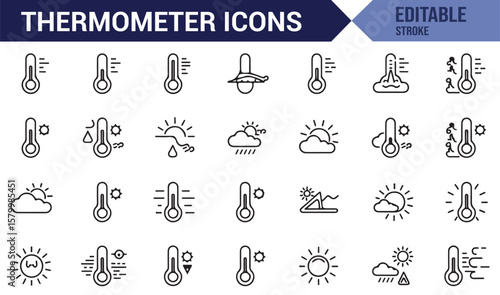 Set of icons with thermometers representing different climates, from sunny to rainy and chilly.