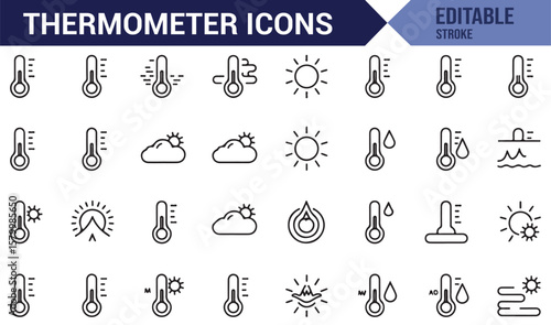 Set of weather-related thermometer icons for heat, cold, rain, sunshine, and other weather conditions.