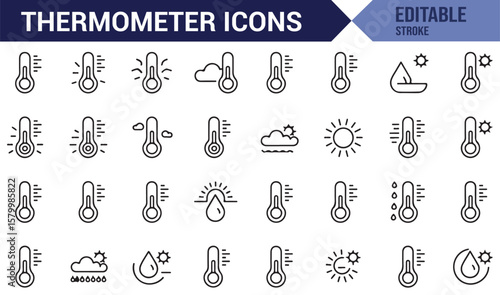 Icon set featuring thermometers representing diverse weather conditions like heat, cold, and sunshine.