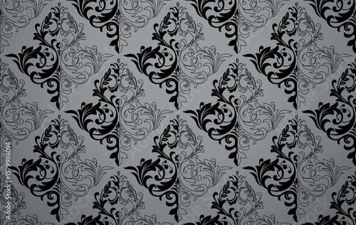Wallpaper in the style of Baroque. Gray and black floral ornament. Seamless vector background. Graphic pattern for fabric, wallpaper, packaging. Ornate Damask flower illustration