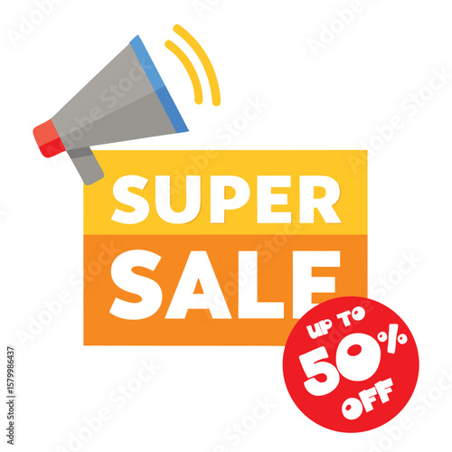 Super sale promotion graphic featuring a megaphone and a fifty percent discount offer for marketing.