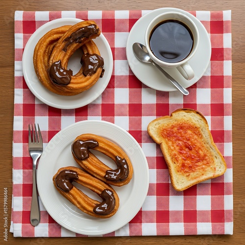 Spanish breakfast spread: churros with chocolate, a small plate of Tostada con Tomate (toast with tomato), and a cup of strong coffee, all arranged on a checkered tablecloth on a wooden table.