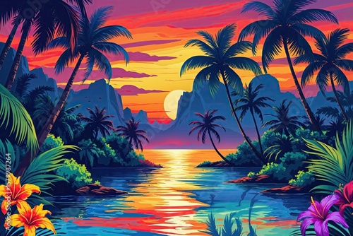 Lush Tropical Paradise Vector Illustration with Stunning Sunset Background