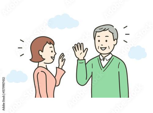 屋外で高齢男性と若い女性が会って挨拶をかわすイラスト
