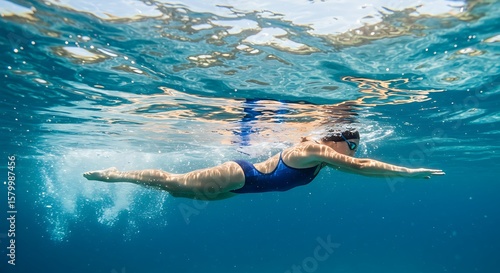 Graceful Underwater Swimmer, Underwater View of a Woman Swimming Effortlessly in a Blue Tropical Ocean