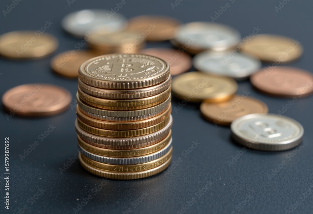 Stack of bitcoin coins with scattered currency Stack of bitcoin coins with scattered currency