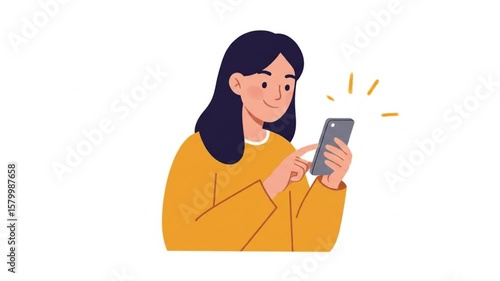 Smiling woman interacts with her smartphone in a positive way online