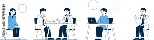 Illustration depicting various medical scenarios including consultation and telemedicine scenes