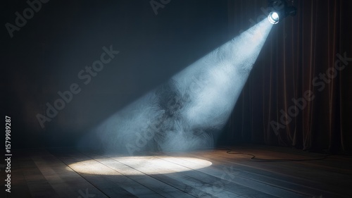 A bright spotlight illuminates a vintage theater stage with red curtains and a hardwood floor, creating drama.