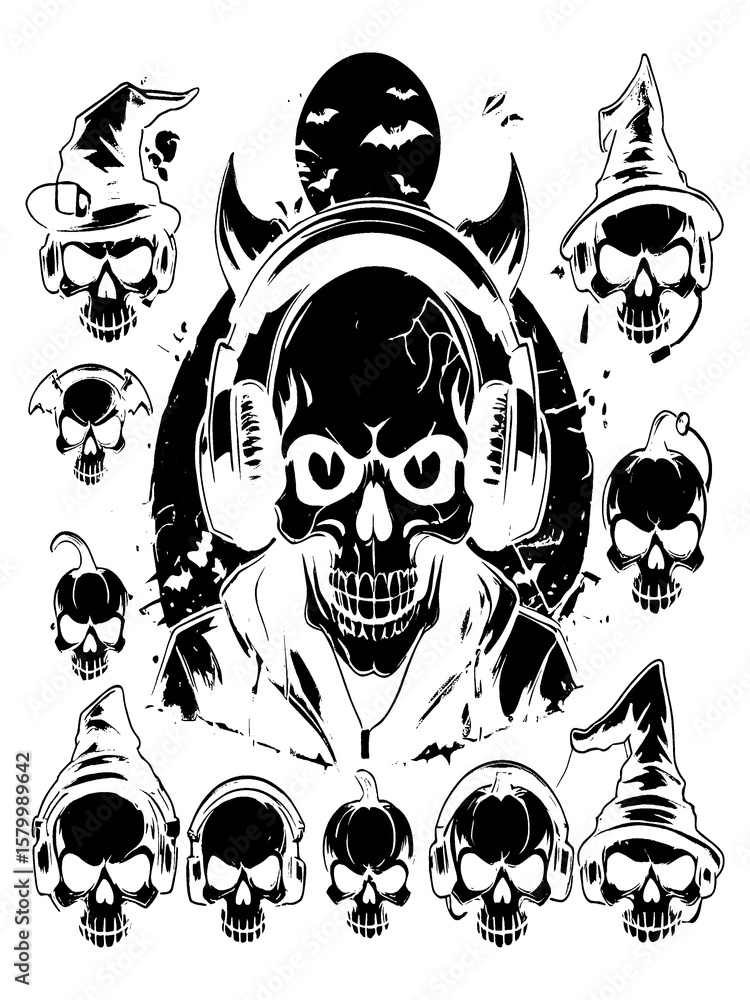 Fototapeta premium A set of eerie and playful Halloween-themed illustrations featuring skulls with unique expressions and accessories, such as headphones, caps, and pumpkins.